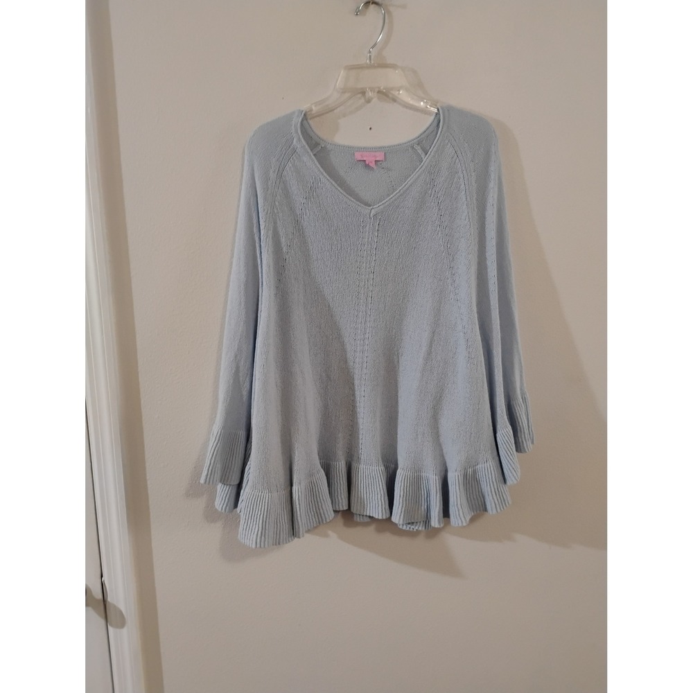 Lilly Pulitzer Light Blue Pointelle Ruffle Hem V-Neck Sweater SM